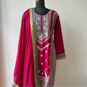 Elegant Pink & Gold Embroidered Palazzo Suit Zari Work 4-Side Bordered Dupata